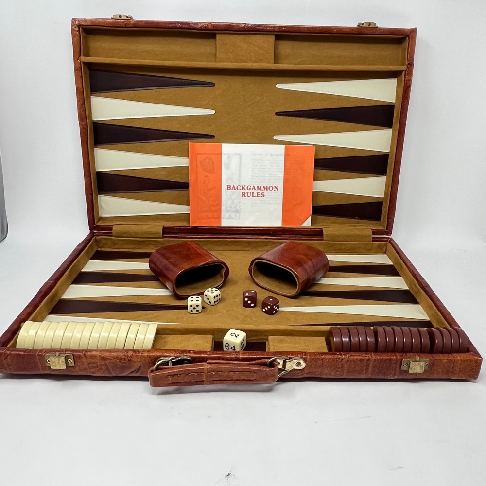 Backgammon Case Travel Game Faux Leather Vtg 70s Brown Patchwork Full Size